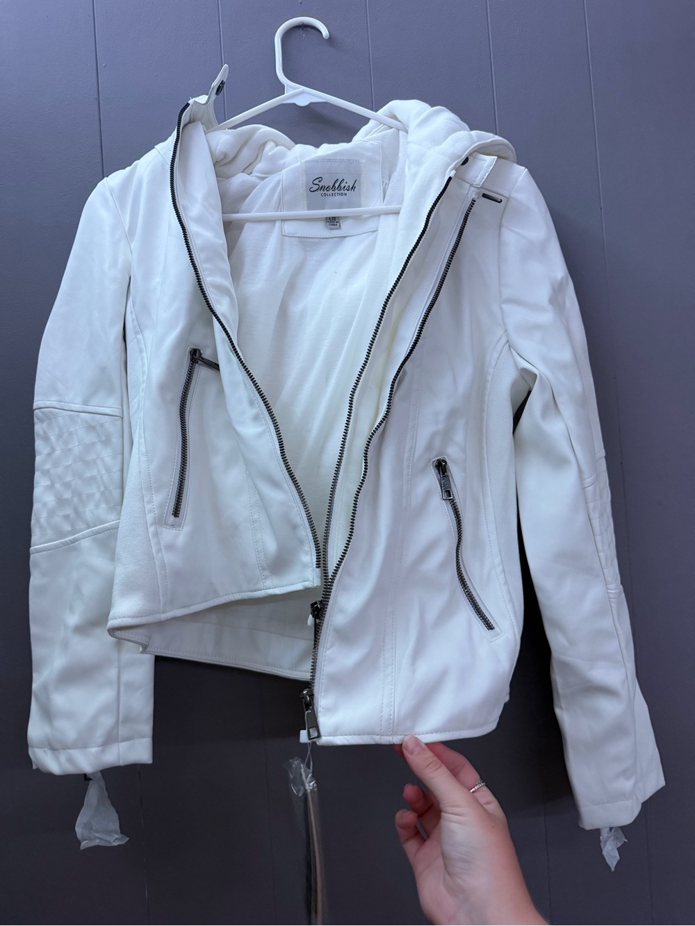 Snobbish White Hooded Moto Leather Jacket size large but fits like a medium